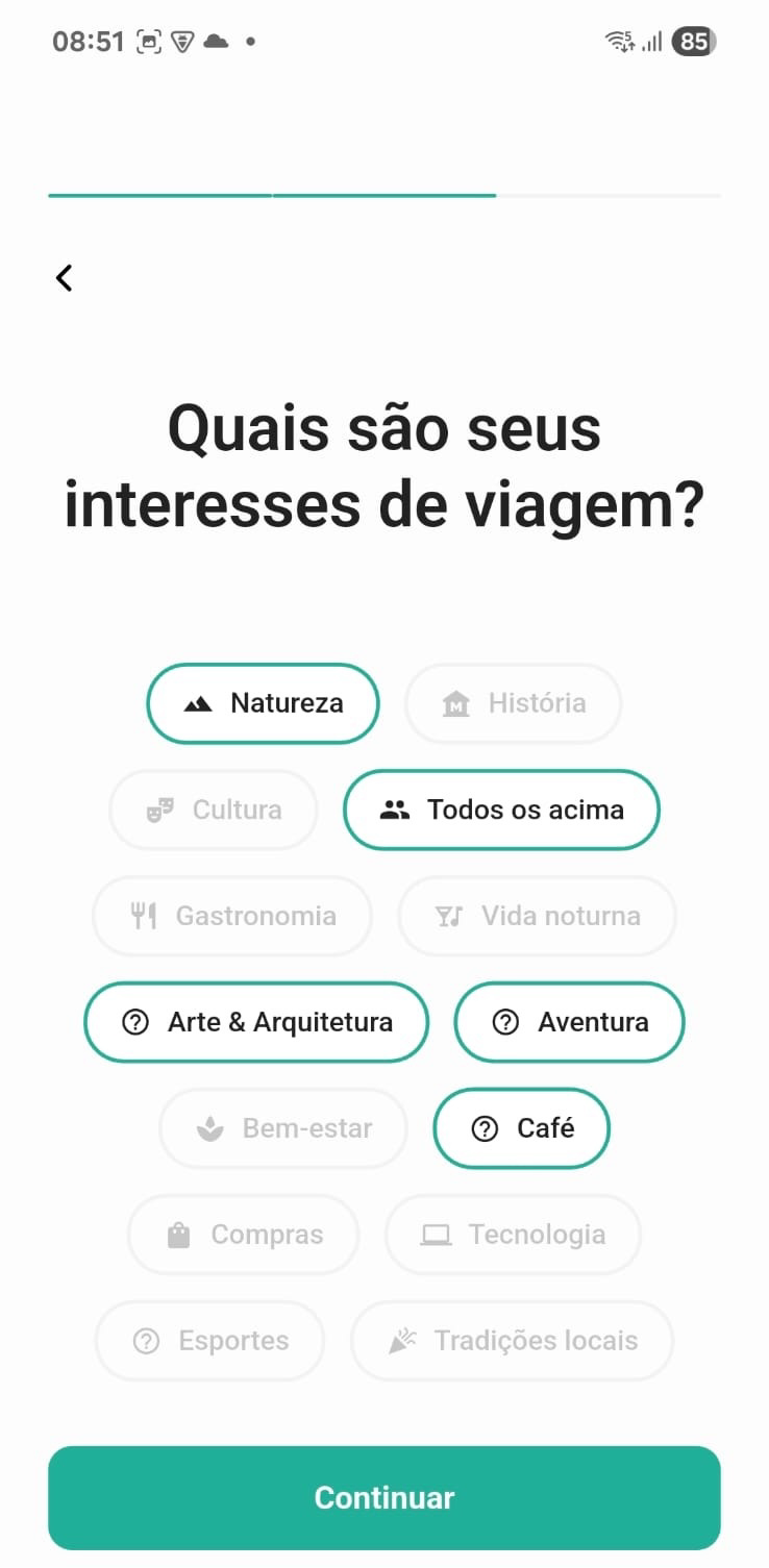 Tela de interesses